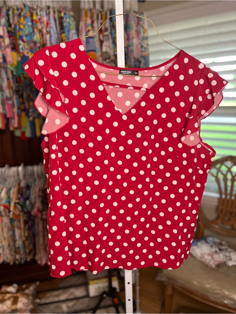 SHEIN Red Polka Dot Flutter Sleeve V-Neck Top
